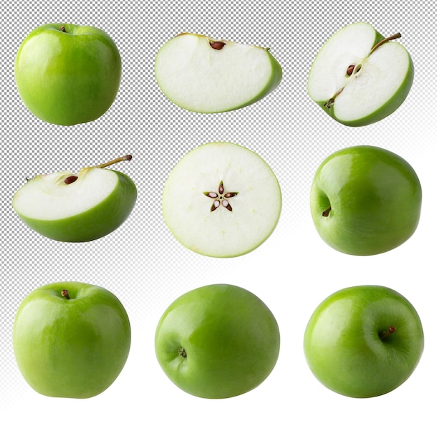 Green apple and cut slice with seed isolated