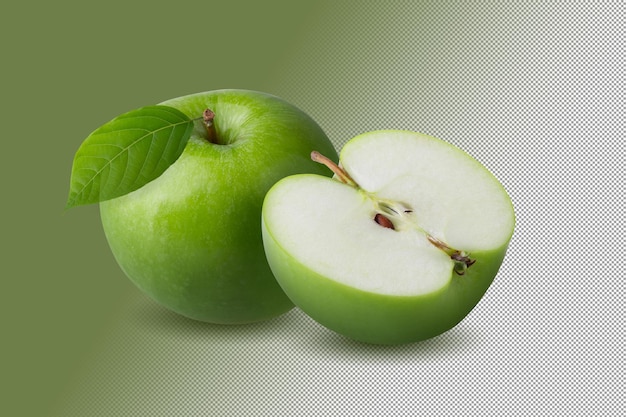 Green apple with green leaf and cut slice with seed isolated on alpha background.