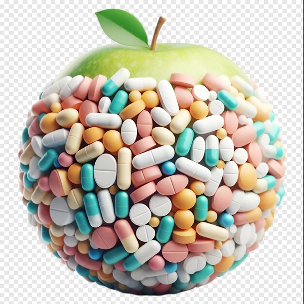 a green apple with many pills on it