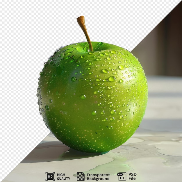 green apple with water droplets on a transparent background accompanied by a brown stem and a white door in the background