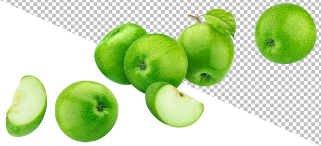 Green apples isolated on white background with clipping path, falling granny smith apple