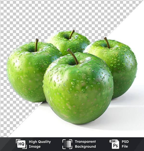 PSD green apples with brown stems and white shadow on a transparent background