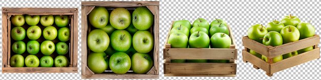 Green Apples in Wooden Crates Isolated on Transparent Background