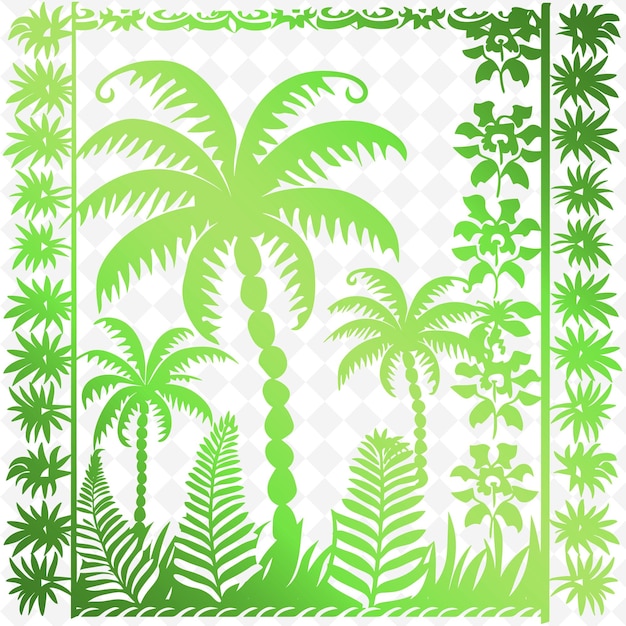 a green background with palm trees and a white background