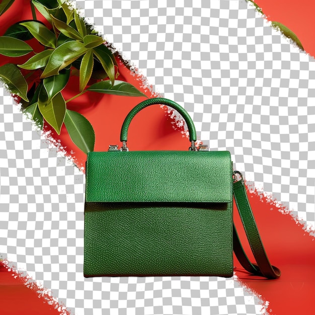 PSD a green bag with a green handle is on a red and white checkered background