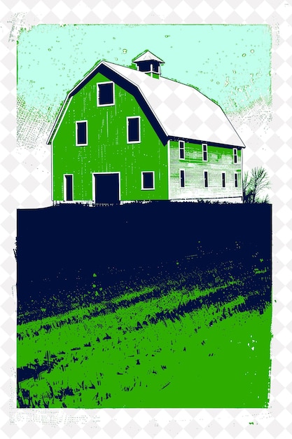 PSD a green barn with a green roof is shown in a green and blue poster