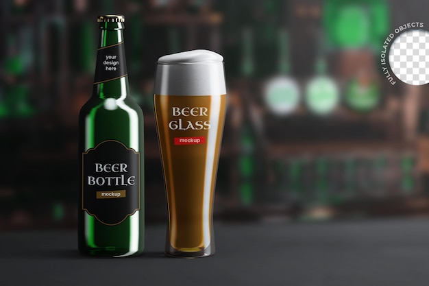 Green beer bottle mockup with beer glass isolated