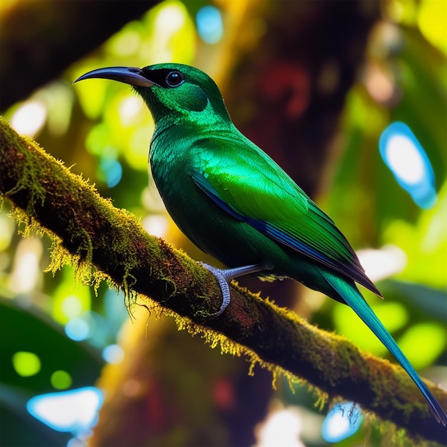 PSD a green bird sits on a branch with the sun shining on it