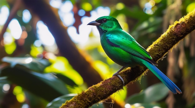 PSD a green bird with a blue and green body sits on a branch