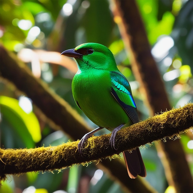 A green bird with a blue tail sits on a branch