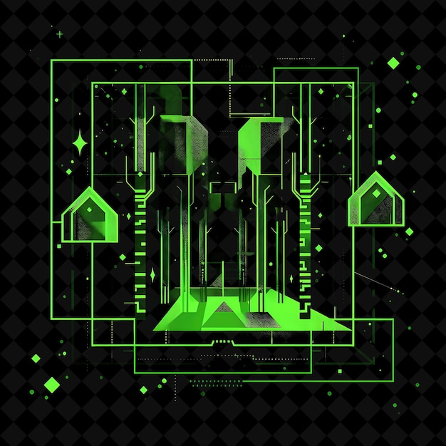 green and black abstract illustration of a building with a green background