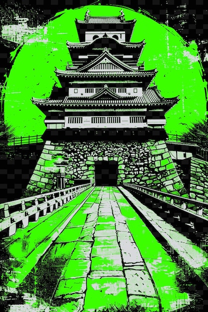 a green and black picture of a pagoda with a green background