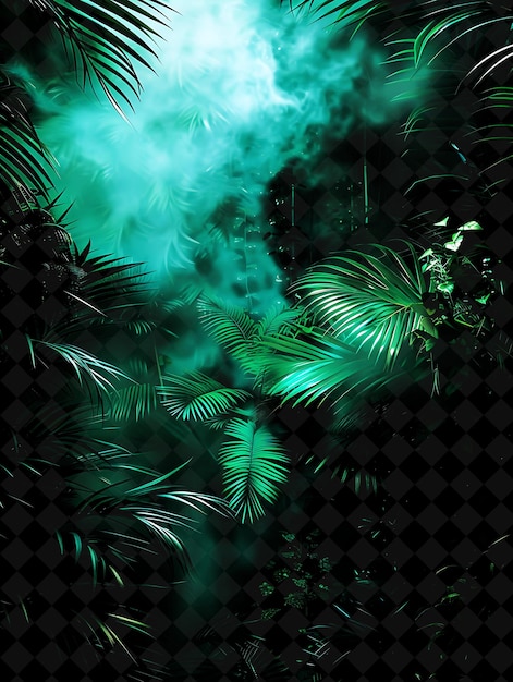 PSD a green and black picture of palm trees and a black background with a green palm leaf