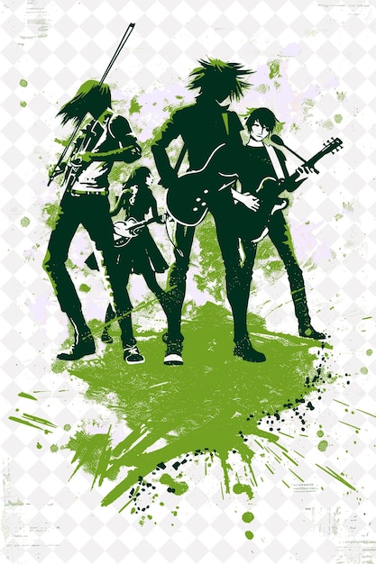 a green and black poster of a man and a woman with a guitar