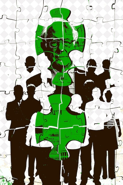 a green and black poster with people in front of a green background