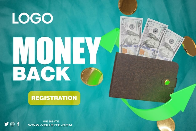 A green and blue background with a wallet full of money in it and a green background with the words " money back ".