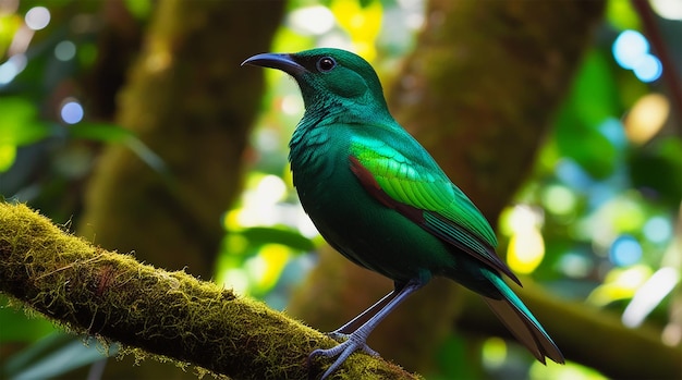 PSD a green and blue bird is standing on a branch in front of some trees