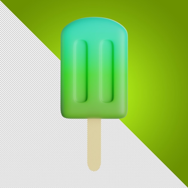 Green blue ice cream on stick Green ice cream with fruits on wooden stick Frozen juice Summer cold dessert Popsicles Ice cream icon 3d illustration 3d render