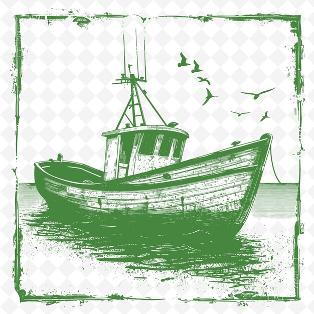 a green boat with a boat on the bottom and a drawing of a boat with birds flying in the background