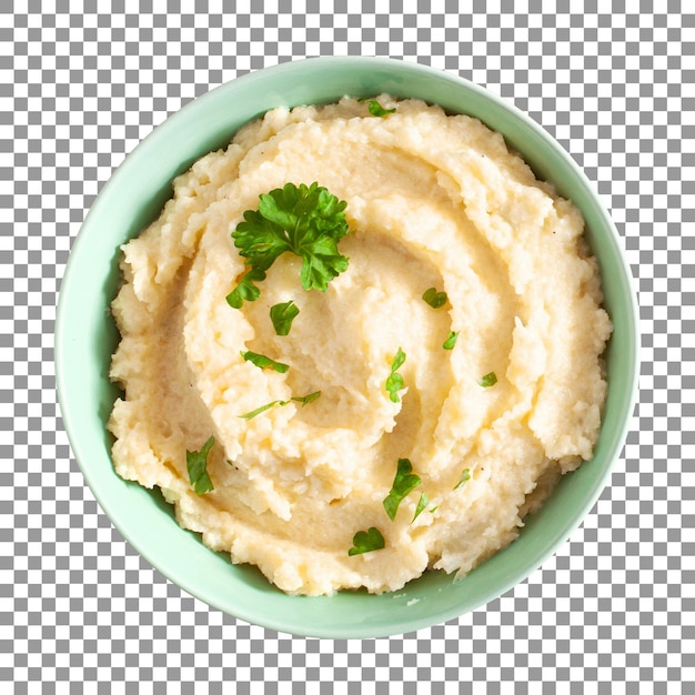 Green bowl of mashed potatoes with parsley on transparent background