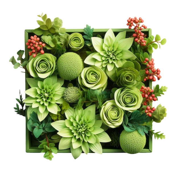 a green box with flowers and leaves on it