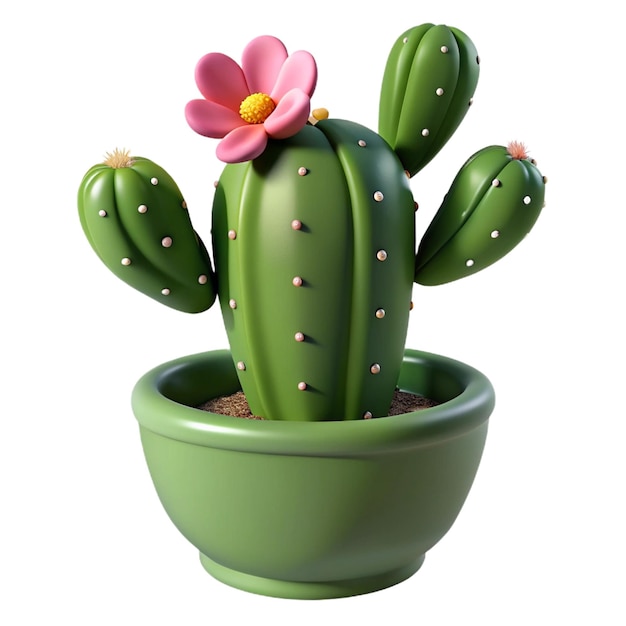 a green cactus plant with pink flowers in a green pot