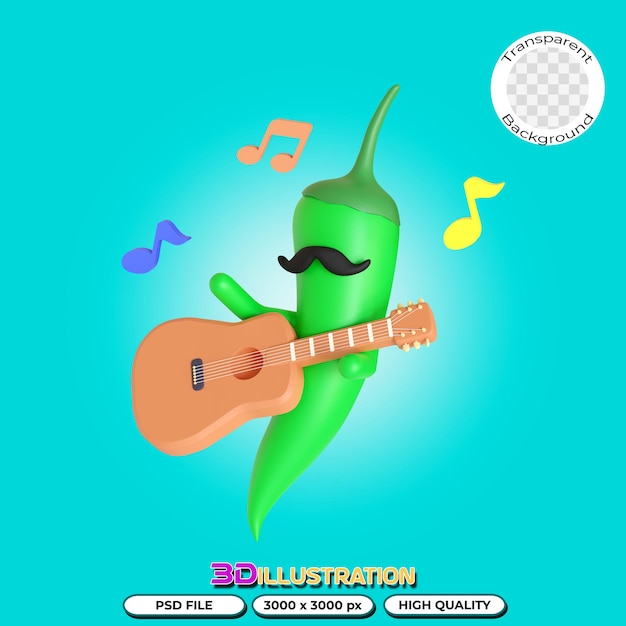 Green chili pepper playing guitar 3D Illustration in transparent background