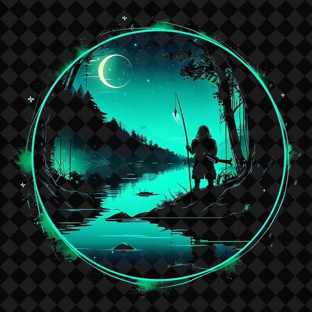 a green circle with a man fishing in the middle of it