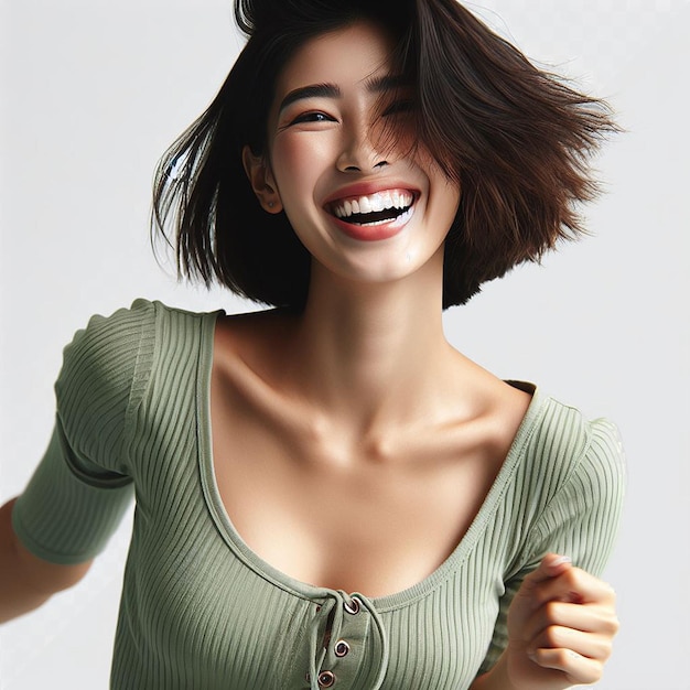 green clothed oriental woman Model dancing shaking laughing isolated transparent Background Face png