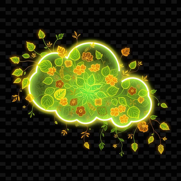 PSD a green cloud with orange flowers and the word quot glow quot on a black background