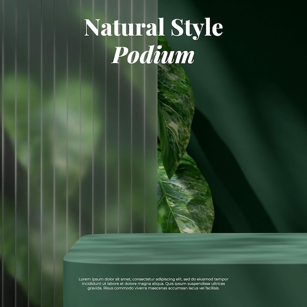 Green color scene of product podium 3d render mockup in square with glass wall and alocasia plant