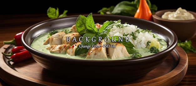 Green curry with chicken rice and vegetables in bowl on wooden table