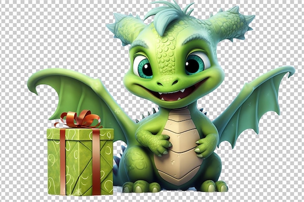 Green cute dragon in full size holding a box