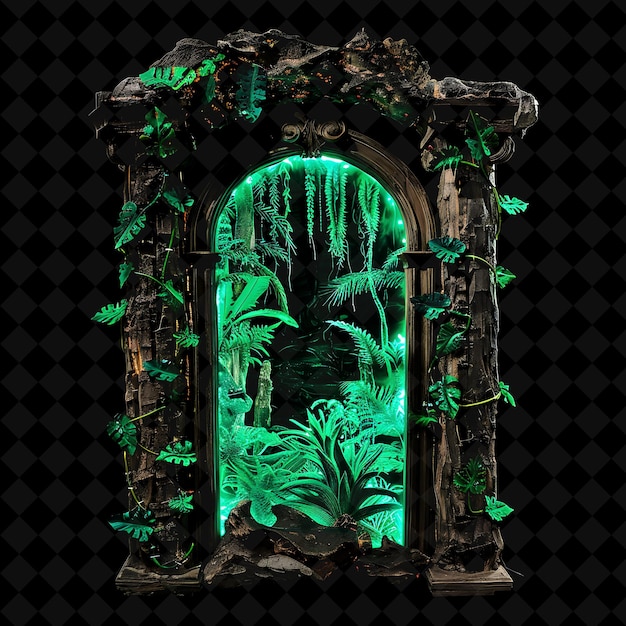 a green door with a green light inside and a green plant in the middle