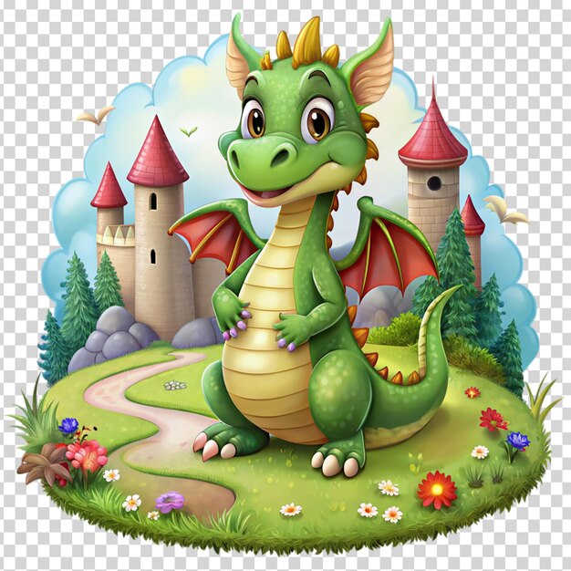 A green dragon with a castle on transparent background