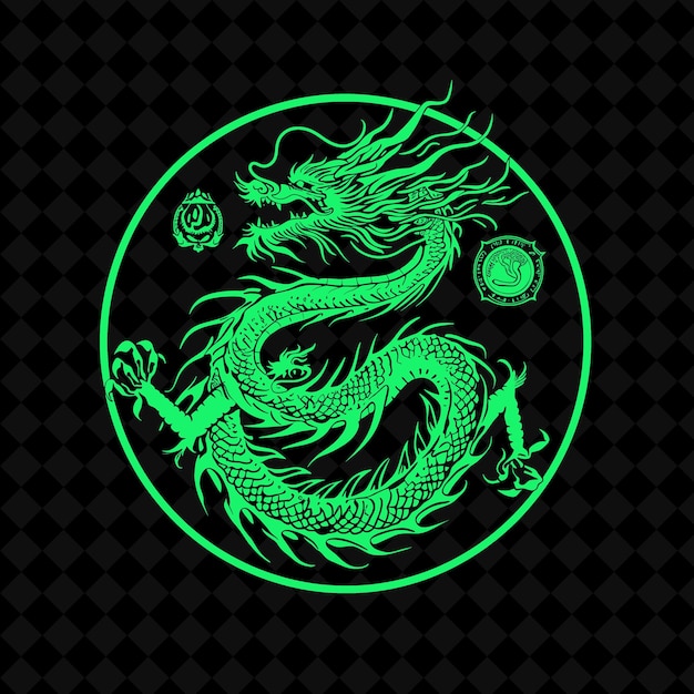 a green dragon with a green background with a round frame with a black background