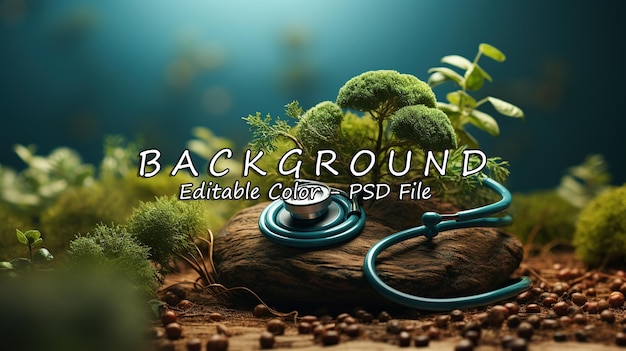 PSD green earth globe and stethoscope on wooden table with nature background