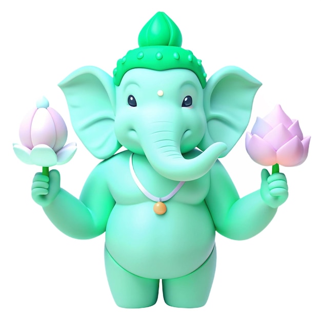 a green elephant with pink flowers and an elephant statue