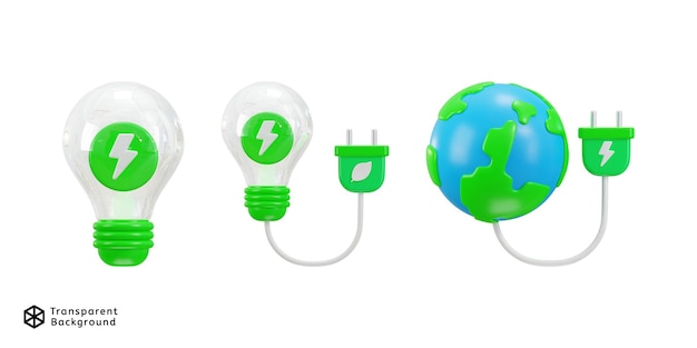 PSD green energy light icon and green globe icon 3d render concept of environmental sustainability icon