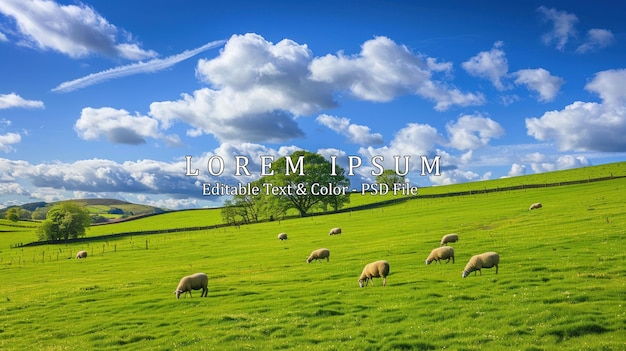 PSD green fields in the english countryside with grazing sheep and blue sky