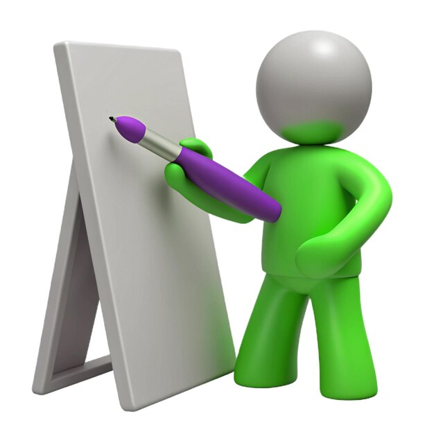 PSD a green figure with a purple pen is writing on a white board