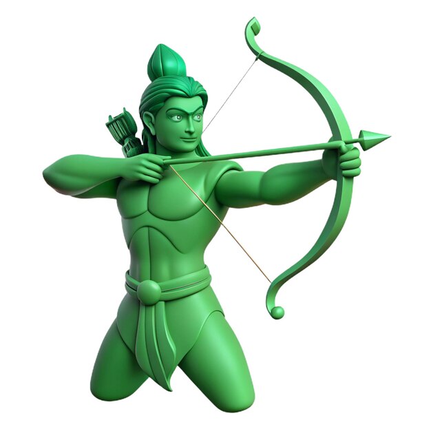 a green figurine with a bow and arrow pointing to the right