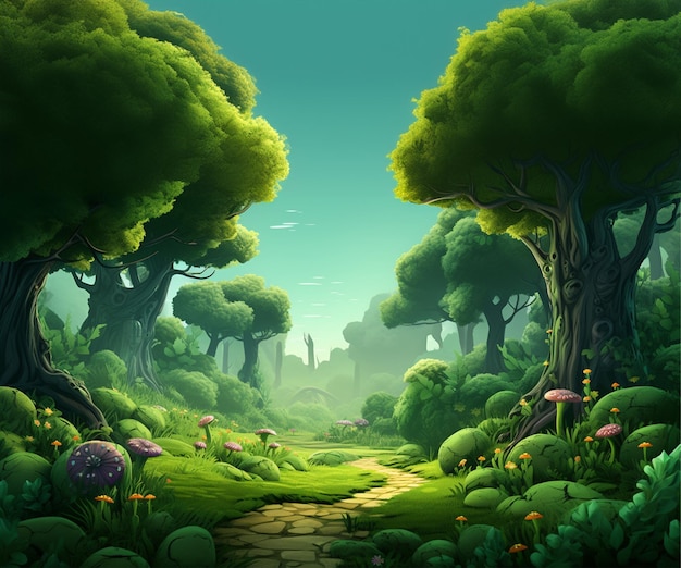 PSD a green forest with mushrooms 3d background