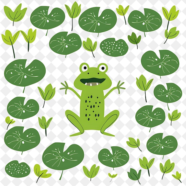 PSD a green frog with green leaves and a white background with a pattern of leaves and flowers