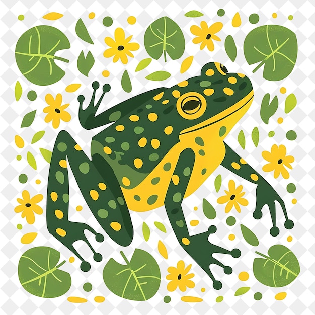 PSD a green frog with yellow spots and green leaves on a white background