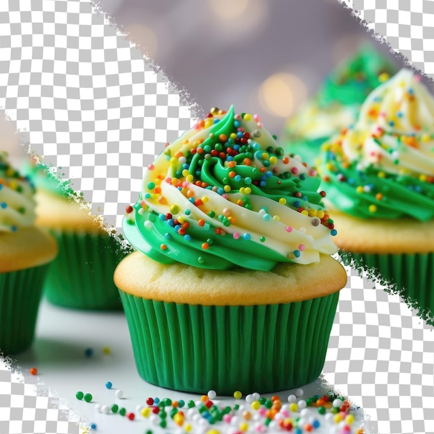 PSD green frosted cupcakes with rainbow sprinkles on a transparent background for st patrick s day