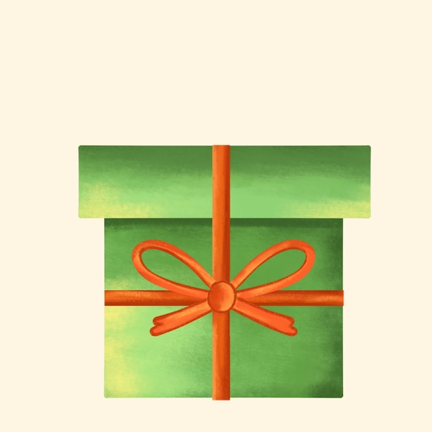 PSD a green gift box with a ribbon oranye colored tied around it hand drawn illustration