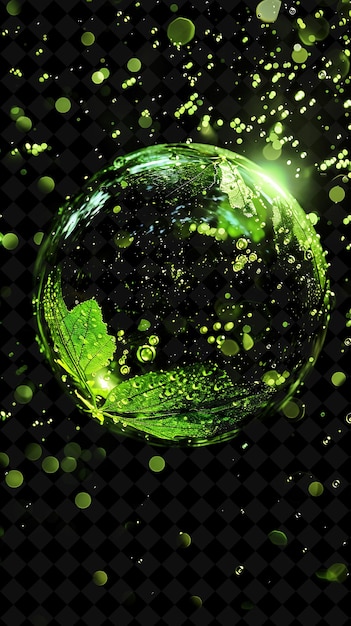 a green glass ball with water drops on a black background