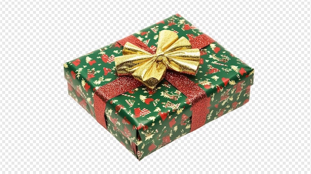 a green and gold christmas present with a gold bow on it