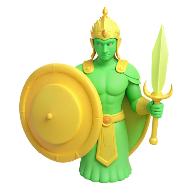 a green and gold statue of a warrior holding a shield